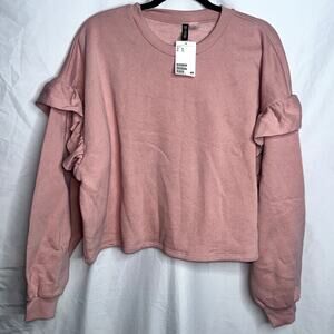 H&M Dividend Womens Sz XL Retired Pink Ruffle Long Sleeve Cropped Sweatshirt NWT